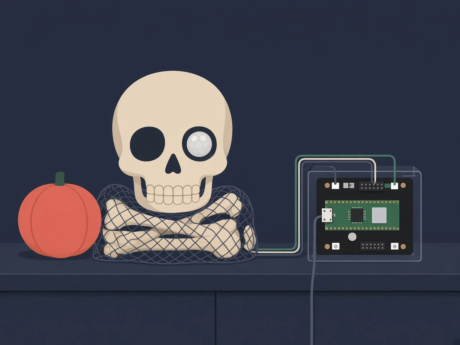 Bag O' Bones: a PIR jump-scare Halloween skull on a Pimoroni Inventor 2040 W